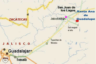 Mapa regional de Los Altos de Jalisco mostrando la ubicación de Santa Ana de Guadalupe